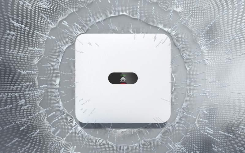 Weiße elektronische Box vor abstraktem Hintergrund, Symbole auf Display.