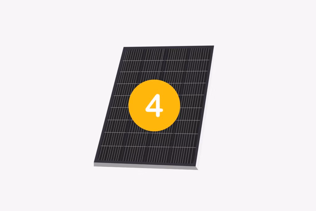 Schwarzes Solarpanel mit gelbem Kreis und Zahl 4, isoliert auf weißem Hintergrund. Nachhaltige Energiequelle.