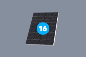 Schwarzes Solarpanel mit der Nummer 16 auf grauem Hintergrund, erneuerbare Energie, umweltfreundliche Technologie.