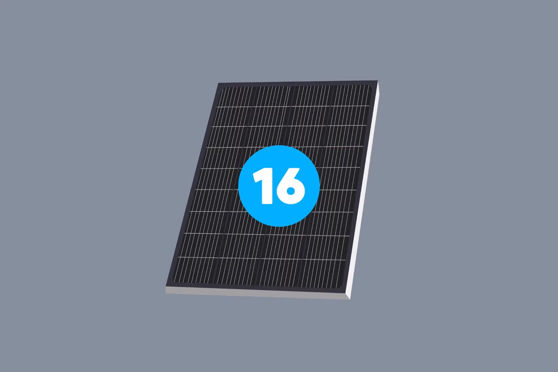 Schwarzes Solarpanel mit der Nummer 16 auf grauem Hintergrund, erneuerbare Energie, umweltfreundliche Technologie.