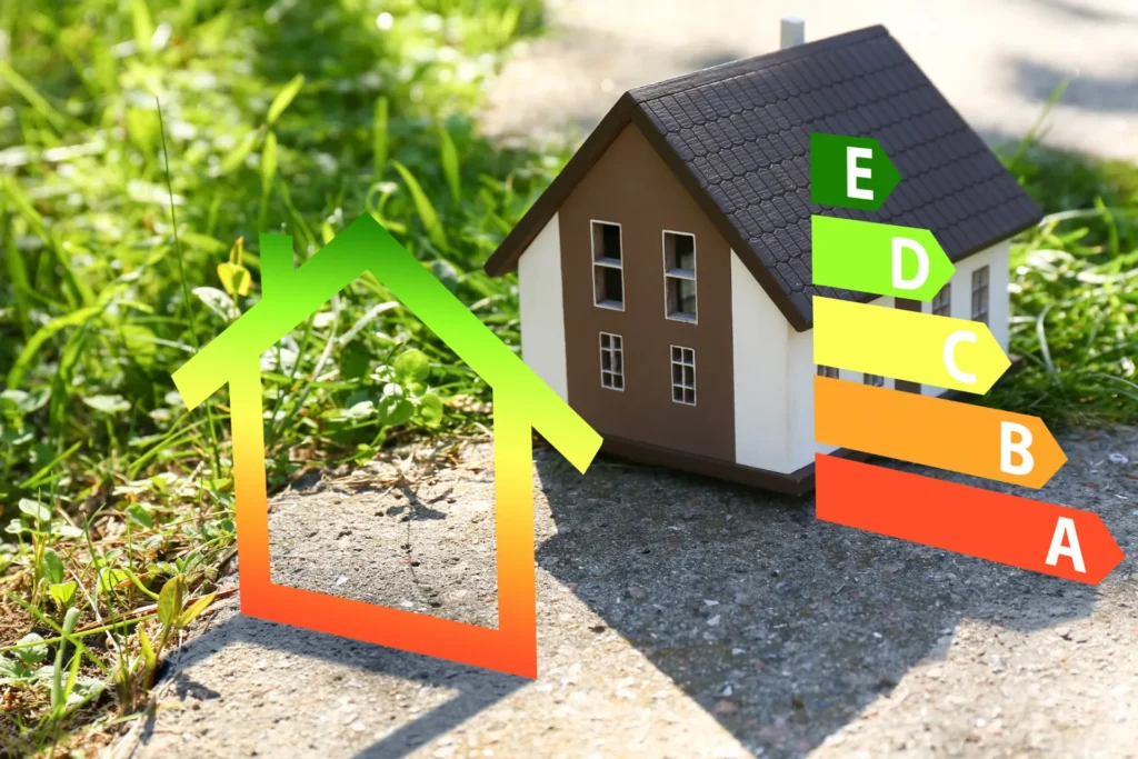Miniaturhaus neben einem Energieeffizienz-Diagramm, das Energieklassen von A bis E zeigt, im Grünen.