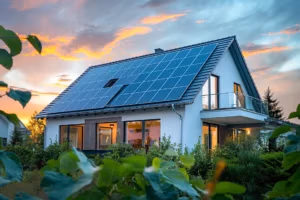 Modernes Haus mit Solaranlagen auf dem Dach, umgeben von grüner Landschaft bei Sonnenuntergang. Nachhaltiges Wohnen.