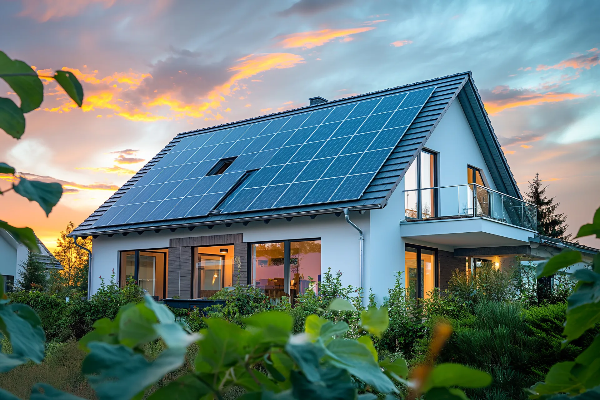 Modernes Haus mit Solaranlagen auf dem Dach, umgeben von grüner Landschaft bei Sonnenuntergang. Nachhaltiges Wohnen.