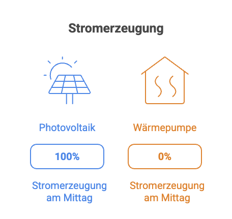 Photovoltaik produziert 100% Strom am Mittag, Wärmepumpe 0%. Vergleich von Energieerzeugungstechnologien.