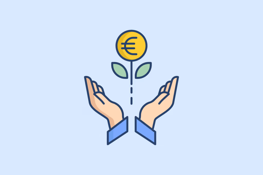 Hände halten eine Pflanze mit Euro-Münze als Blüte, symbolisiert finanzielles Wachstum und Investition.
