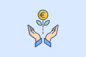 Hände halten eine Pflanze mit Euro-Münze als Blüte, symbolisiert finanzielles Wachstum und Investition.