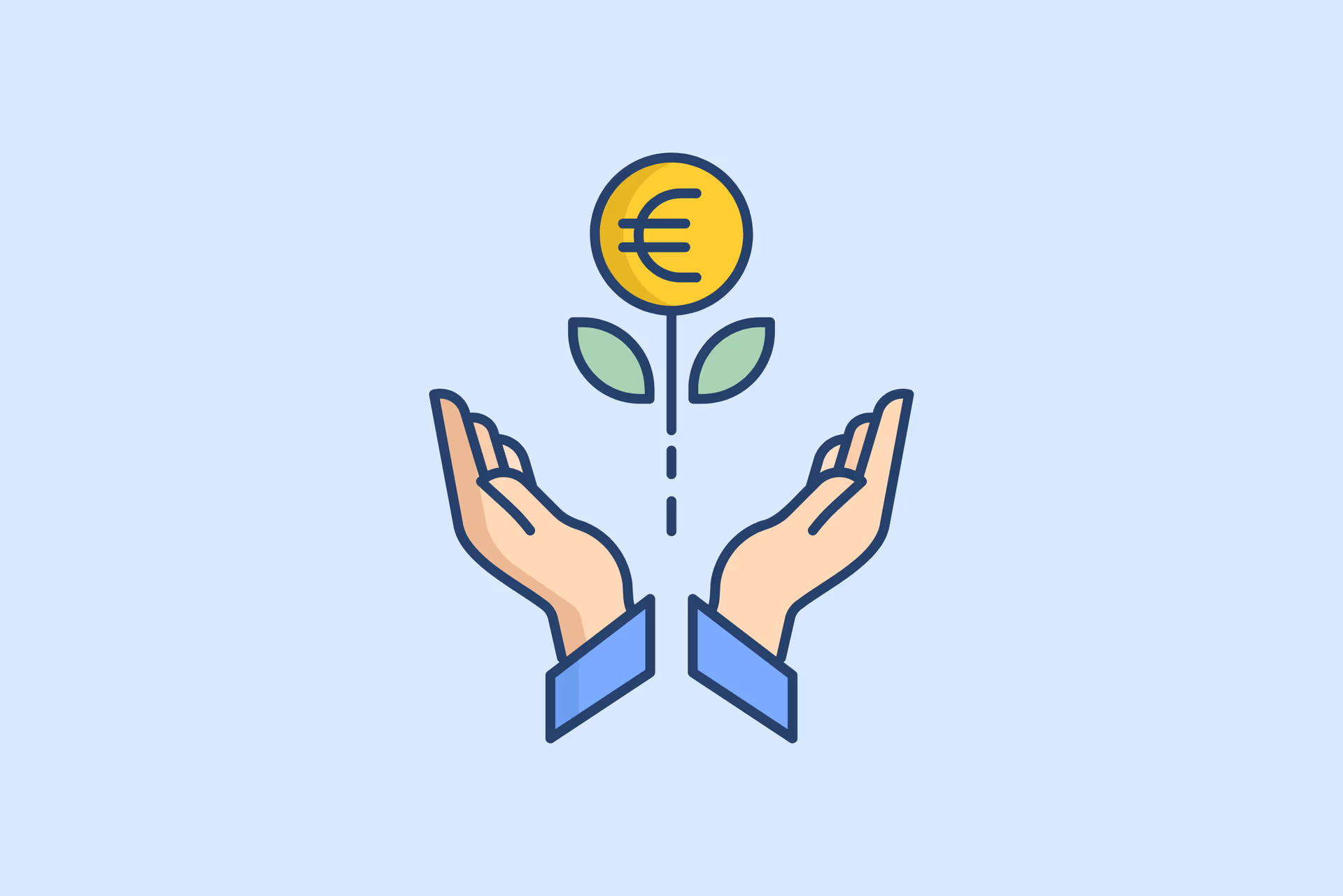 Hände halten eine Pflanze mit Euro-Münze als Blüte, symbolisiert finanzielles Wachstum und Investition.